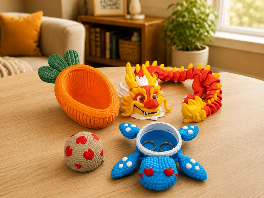 Piezas impresas a todo color sobre una mesa: una canasta naranja con textura de tejido, un dragón chino rojo y amarillo articulado, y un pulpo azul con corazones