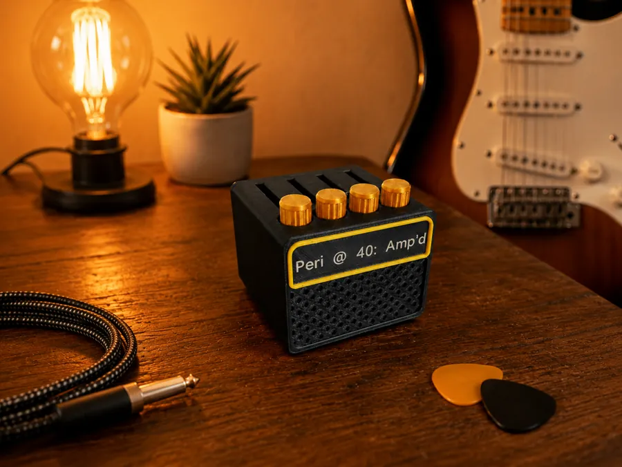 Mini amplificador de guitarra impreso en 3D con la leyenda «Peri @ 40: Amp’d» grabada con láser en el panel frontal