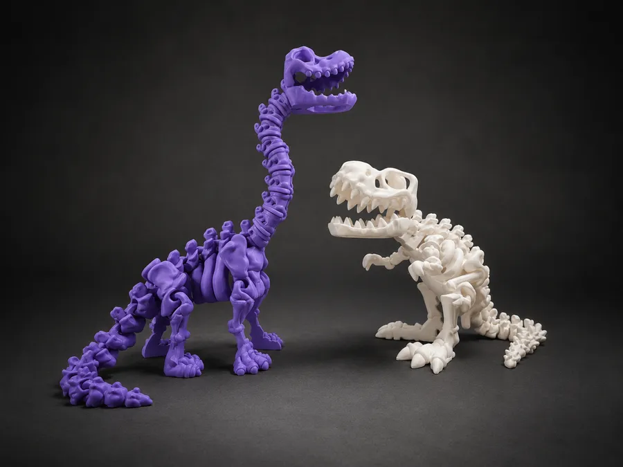 Braquiosaurio morado y tiranosaurio blanco articulados, impresos ya ensamblados