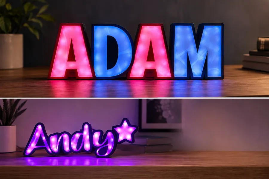 Letrero con el nombre Andy iluminado en morado sobre una repisa de madera